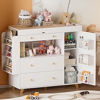 Nursery Dresser with Baby Changing Table, Modern Diaper Changing Station,Dresser for Nursery with 3 Drawers & Shelves, Storage Crib with Changing Table, White