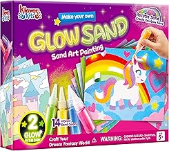 Klever Kits Glow Sand Art Kits for Kids, Glow in The Dark Sand Painting with 14 Colors, Kids Crafts, 6 Fantasy Templates & 4 DIY Sheets, Mess Free Arts and Crafts, Unicorn Gifts for Girls Ages 5+