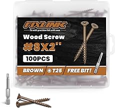 Wood Screws 2 Inch, FIXLINK Deck Screws #8 x 2, 100 PCS, Epoxy Coated, T25 Star Bit Above 1500 Hour Salt Spray Coating Outdoor Decking Screws Excellent Rust Resistant for Wood Fence, Brown