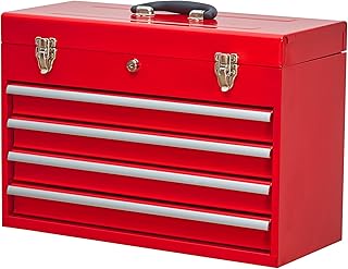 20.3 Inches Portable Steel Tool Box with 4 Drawers, Lockable Tool Chest Organizer with Ball Bearing Slides, Carbon Steel Tool Storage for Garage, Home, and Workshop (Red)