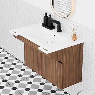 GESIPOR Wall-Mount Stone Resin Bathroom Vanity Sink Engineered Wood Cabinet Ada Compliant Floating Vanity Modern Hand Support for Elderly, Seniors, Handicap & Disabled