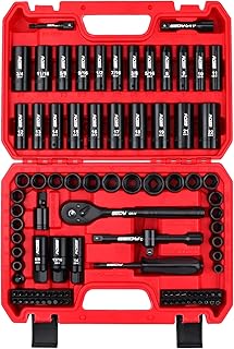 96-Piece 3/8" Drive Impact Socket Wrench and Bit Set, SAE 5/16&rdquo;-3/4&rdquo; & Metric 8-22mm, Cr-V Standard & Deep Sockets, Power Bits, Ratchet Handle, Universal Joint, Bit Holder, Adapters, Spark Plug Socket