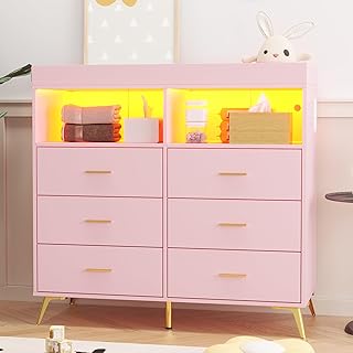 GarveeHome Dresser for Bedroom with 6 Drawers, Baby Changing Table Dresser with Changing Pad, LED Lights & Charging Station, Baby Changing Station with Changing Table Top (Pink)