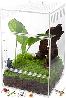 Jumping Spider Enclosure - Acrylic Terrarium Habitat for Spiders, Tarantulas, Snail, Mantis, Lizard, and Small Reptiles, Dual Sliding Doors (5.7x5.7x9 inch)