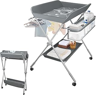 Baby Changing Table, Portable Folding Diaper Changing Station with Wheels, Adjustable Height Nursery Organizer with Safety Belt & Storage Basket & Hanging Rack for Newborn Baby and Infant (Gray)