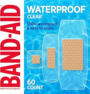 BAND-AID Brand Clear Waterproof Adhesive Bandages, Sterile First-Aid for Minor Wounds, Cuts & Scrapes, Clear Bandages with a Quilt-Aid Pad to Cushion Wounds, Assorted Sizes, 60 ct