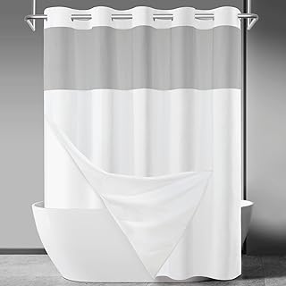 No Hook Slub Textured Shower Curtain with Snap in Liner - White Fabric Outer Curtain & Waterproof Inner Liner, Hotel Style with See Through Top Window, 71x74 in