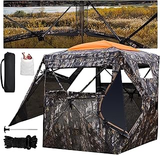 Hunting Blind 300D See Through Ground Blinds with Carrying Bag, 2/3/4 Person 270 Degree 2 Doors Pop Up Deer Blind Portable Camouflage Hunting Tent, with Cyclone Tent Stakes and Wind Ropes