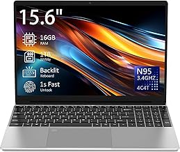 15.6" Laptop Computer Notebook, 4-Core N95 Processor, FHD Display, Backlit Keyboard, Fingerprint, Webcam, Bluetooth, WiFi, Win 11 Pro, 10TB Upgradeable, T152A, 16GB RAM, 1TB NVMe SSD, Silver