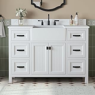 48 Inch Bathroom Vanity with Apron Farm Sink, White Farmhouse Bathroom Sink Cabinet with Soft Closing Doors & Dovetail Drawers, Single Sink Bathroom Vanity, No Assembly Required