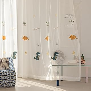 Cartoon Dinosaur Sheer Kids Curtains Embroidery Voile Drapes Nursery Curtains for Children Boys Baby Bedroom Living Room Light Filtering Window Tratement Grommet Top 1 Panel W52 x L84 Inch