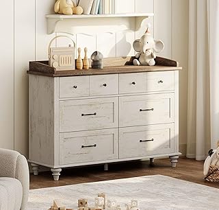 WAMPAT Baby Dresser with 6 Drawers for Kids Room, Antique White Kids Dresser Wooden Double Dressers for Bedroom, Storage Organizer for Children&rsquo;s Bedroom, Nursery Furniture