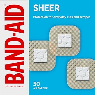 BAND-AID Brand Sheer Spots Adhesive Small Square Bandages, Sterile, Individually Wrapped Discreet First Aid & Wound Care for Minor Cuts & Scrapes, Quilt-Aid Comfort Pads, One Size, 50 ct