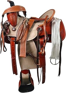 Leather Western Saddle Set &ndash; Basket Weave Carved Horse Saddle with Headstall, Breast Collar & Cinch Strap &ndash; Full Quarter Horse Bars Trail & Rodeo Tack Size 10"-18" Inches