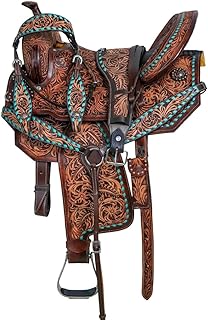 Hand Tooled Leather Western Saddle Setwith Floral Carving, Headstall, Breast Collar & Reins &ndash; Full Quarter Horse Bars Trail & Show Saddle