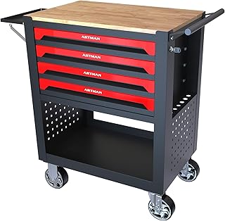 4 Drawers Rolling Tool Chest Cart with Wooden Top and Adjustable Shelf. Tool Storage Cabinet with 4 Wheels.Portable Tool Cabinet Trolley with Locking System .Tool Storage Cart for Garage,Workshop
