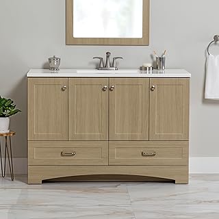 Spring Mill Cabinets Emlyn 48 Inch Bathroom Vanity with White Single-Sink Top, 3 Cabinets, 2 Shelves, 2 Drawers, 48.5" W x 18.75" D x 32.89" H, Sandy Oak