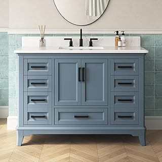 48 Inch Bathroom Vanity with Sink, Modern Steel Blue Bathroom Cabinet with Soft Closing Doors & Dovetail Drawers, Quartz Countertop, No Assembly Required