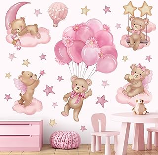 wondever Pink Balloon Bear Wall Stickers Hot Air Balloon Animals Clouds Stars Peel and Stick Wall Art Decals for Baby Nursery Kids Girls Bedroom