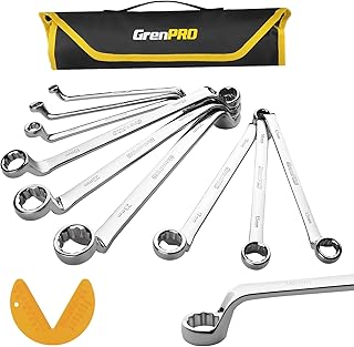 Wrench Set, Offset Wrench Set Metric and Standard, 10PC 6-23mm 75-Degree Large Wrench Kit Tool With Roll Up Pouch With 1 Gauge, Extra Long Big Double Box End Wrenches Sets with 6 Point