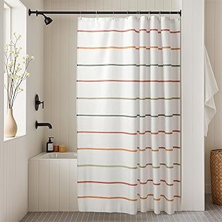 Rainbow Striped Shower Curtain Set: Cute Boho Stripe Kids Shower Curtain with Hooks, Minimalist Printed Bohemian Pattern Waterproof Fabric, Modern Farmhouse Home Decor for Bathroom, 72" x 72"