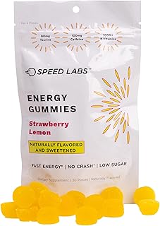 Speed Labs Caffeine Energy Gummies Strawberry Lemon Natural, 25mg Caffeine, Taurine, B-Vitamins per Piece, 30 Pieces, Vegan, Gluten Free, 1g Added Sugar