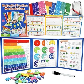 Magnetic Fraction Tiles & Circles Set with Dry Erase Board - Montessori Math Manipulatives Kit for Grade 1-5, Homeschool Classroom Fraction Puzzles and Games