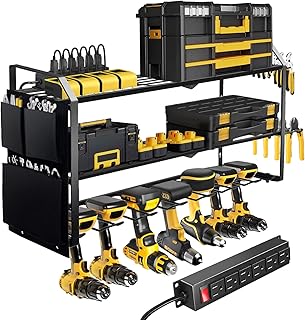 27" W Garage Tool Organizer Wall Mount with Charging Station - 7 Drill Holder, 3-Layer Drill Holder Rack for Workshop, Cordless Tool Organizer with Screwdriver Holder- Gift for Dad, Men (Black)