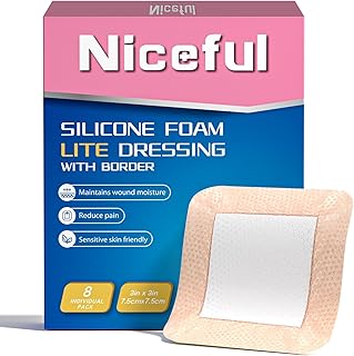 Silicone Foam Lite Dressing 3 x 3 in &ndash; Gentle Border Large Waterproof Bandages for Burns, Abrasions, Surgical Wounds &ndash; Medical Grade Wound Care Dressings for First Aid, Ultra Soft, 8 Count