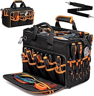 17-Inch Electrician Tool Bags for Men, 46-Pocket Heavy Duty Tool Bag, Foldable Hvac Tool Bag Organizer with Wide Mouth & Adjustable Shoulder Strap for Electricians Mechanics Craftsman Contractor