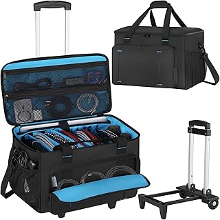 Rolling DJ Cable File Bag, DJ Gig Bag Padded Case with Detachable Trolley & Dividers, Cable Organizer with Multi-pocket & Compartment for 15.6'' Laptop, DJ Gear, Musical Instrument, Sound Equipment