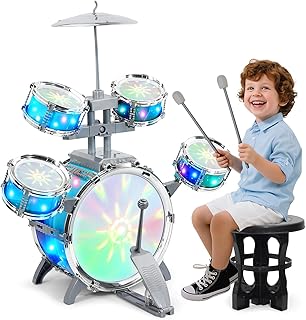 LeeQee Drum Set for Kids 1-3, Jazz Drumset for Toddler 3-5 Vibrant Aurora Light with 5 Pcs High Drums, Musical Instruments Toy for Age 5-7 Year Old Boys Girls