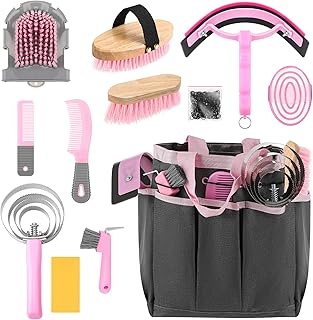 Abbylike 12 Pieces Horse Grooming Kit with Organizer Tote Bag Tack Room Supplies Horse Brush Sets Equine Care Cleaning Kit Shedding Grooming Massaging Tools(Pink and Grey)