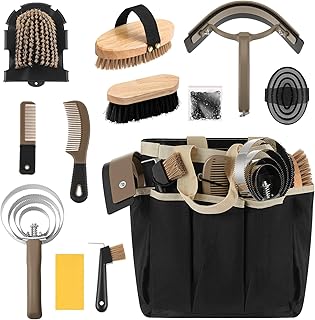 Abbylike 12 Pieces Horse Grooming Kit with Organizer Tote Bag Tack Room Supplies Horse Brush Sets Equine Care Cleaning Kit Shedding Grooming Massaging Tools(Khaki)