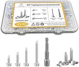 Self-Tapping Screws, 410 Stainless Steel, 125 PCS Assortment Kit with Driver, #10 1/2" 3/4" 1" 1-1/2", Hex Washer Head