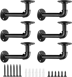 6 Pack Industrial Pipe Shelf Brackets, Black Iron for Floating Shelves Heavy-Duty Wall Mount with Hardware