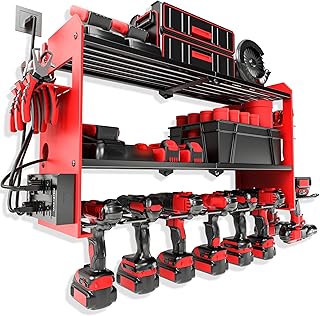 Power Tool Organizer Wall Mount with Charging Station, Cordless Drill and Battery Holder Shelf for Garage Organization,Heavy Duty Metal Tool Rack Storage, Load 300lbs, Built in 5 Outlet Power Strip