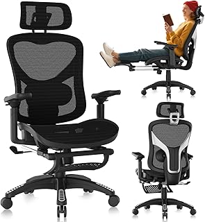 Ergonomic Office Chair, Mesh Desk Chair with Footrest, Adjustable Lumbar Support, 3D Armrest & Large Headrest, 3-Gear Tilt Recline, Stable Swivel Computer Gaming Chairs for Man Woman