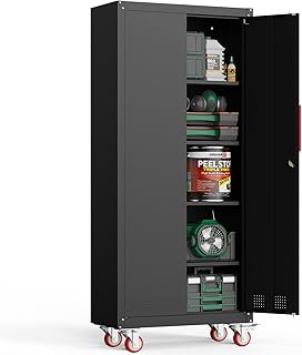 71" H Garage Storage Cabinet with Wheels,Metal Cabinets with 4 Adjustable Shelves and 2 Locking Doors for Garage,Home,Office,Shop,Black