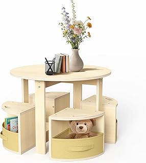 Toddler Table and Chair Set with 3 Storage Stools, Round Shaped Nesting Design, Kids Activity Table for Play/Art/Reading/Craft, Natural