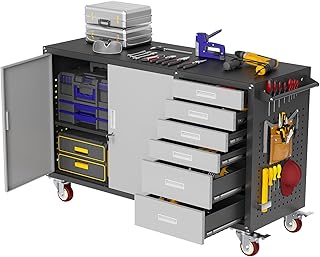 55" W Rolling Workbench with 6 Drawers and Storage Cabinet,1000 LB Capacity Heavy Duty Work Bench with Pegboard and Adjustable Shelf,Garage Workbench with Wheels for Repair Shop/Workshop