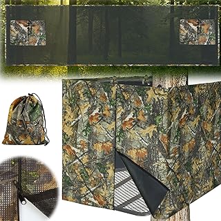 Four-sided Hunting Tree Stand Blinds Kit, 142" x 35" Large Treestand Camo Blind Cover Universal 2 Man Ladder Stand Blind Camouflage Stand Accessories with Zipper Pocket Storage Bag for Deer Hunting