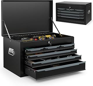 6-Drawer Tool Box, ARNOT 24" Heavy-Duty Steel Tool Chest, Portable Tool Storage Organizer with Auto-Locking Drawers, Top Tool Tray, and Side Handles for Garage, Warehouse, or Workshop Storage (Black)