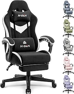 N-GEN GAMING Video Gaming Chair Office Computer Desk Use Ergonomic Reclining Backrest Adjustable Armrests Lumbar Support Footrest High Density Foam Breathable Fabric Heavy Duty Base (Black)
