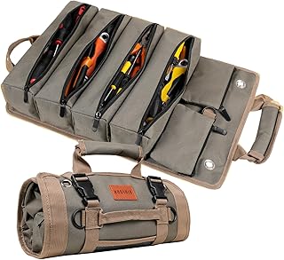 Roll Up Tool Bag, Heavy Duty Portable Tool Organizer with 2 Detachable Pouches and 4 Compartments, Water-Resistant Canvas Tool Roll for Car Garage Electrician Mechanic Handyman (Army Green)