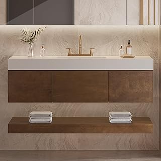 YITAHOME 48 Inch Floating Vanity with 3 Drawers, Wall Mounted Bathroom Vanity with White Quartz Countertop & Oak Veneer, Big Space Storage for Modern Bathroom, Walnut