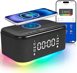 Bluetooth Alarm Clock Radio Bedroom, Digital Dual Alarm Clock Bedroom, Up to 10 Alarms Clock Night Light Speaker App/Button Control FM Charge Snooze Adjustable Volume Dim 12/24H, Black
