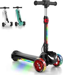 Electric Scooter for Kids Ages 3-12, 3-Wheel Electric Scooter, Electric Kick Scooter with 2 Speed, Long Battery Life, Bluetooth Music, Flashing LED Wheels, Adjustable Height, Gift for Boys/Girls