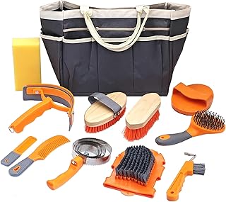 Horse Grooming Kit, Grooming Supplies Includes Horse Brushes and Handbag, Brush Set, Curry Comb, Hoof Pick, Sweat Scraper, Sponge Etc., Suitable Gifts for Riding Enthusiasts Lovers
