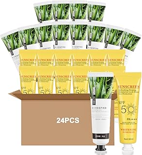 24PCS Sunscreen & Aloe Vera Gel Set (30ml Each) – 12PCS Mini Sunscreen Bulk SPF50+ PA+++, 12PCS Aloe Vera Gel for After Sun Skin Care Relief, Perfect for Summer Party, Thank You Gifts, Wedding, Beach
